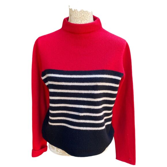 The Limited Size L 100% Lambswool Mock Neck Sweater Red White Black Striped - Picture 1 of 6